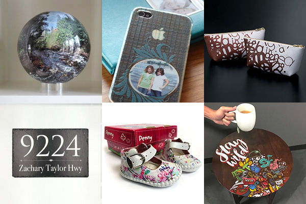 Collage image showing customized products created with Roland VersaUV flatbed printers.