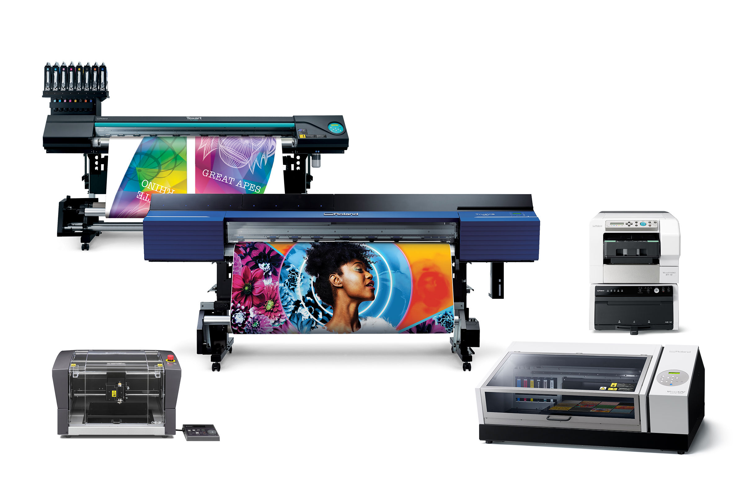 Photo of the five new products Roland DGA will be showcasing at the 2019 ISA International Sign Expo.