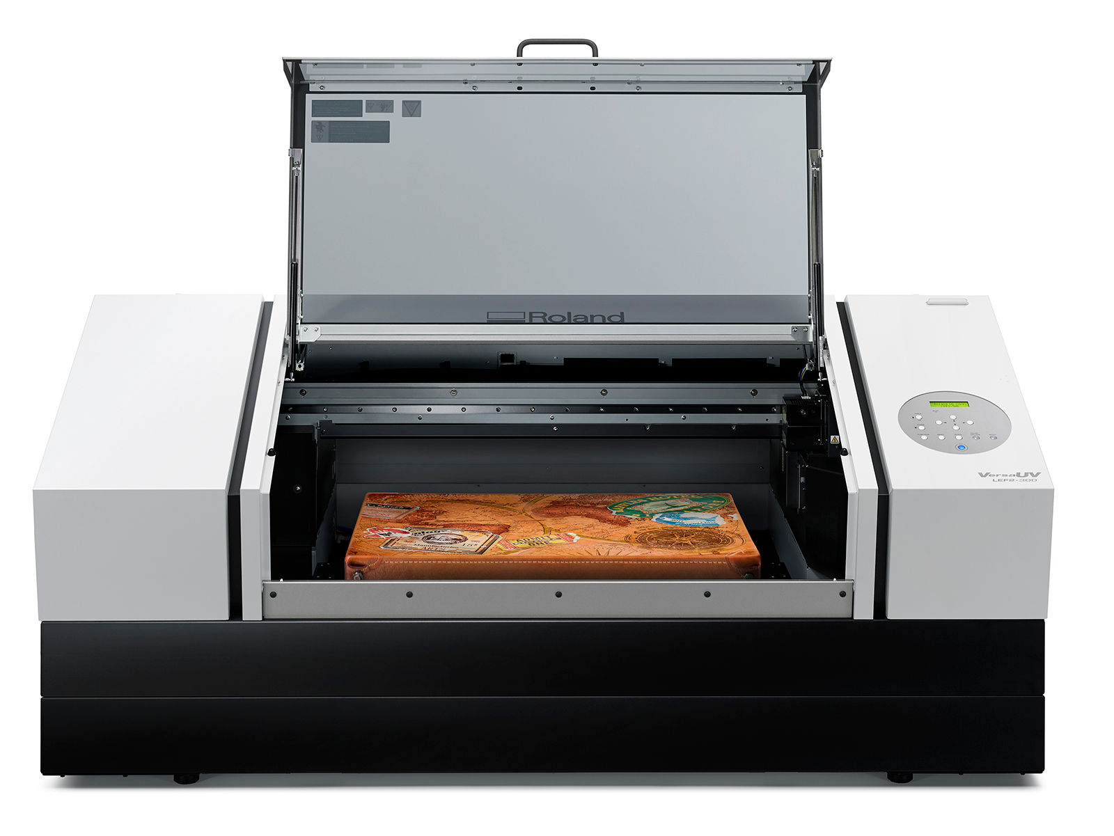 Image of the new Roland VersaUV LEF2-300D flatbed UV printer.