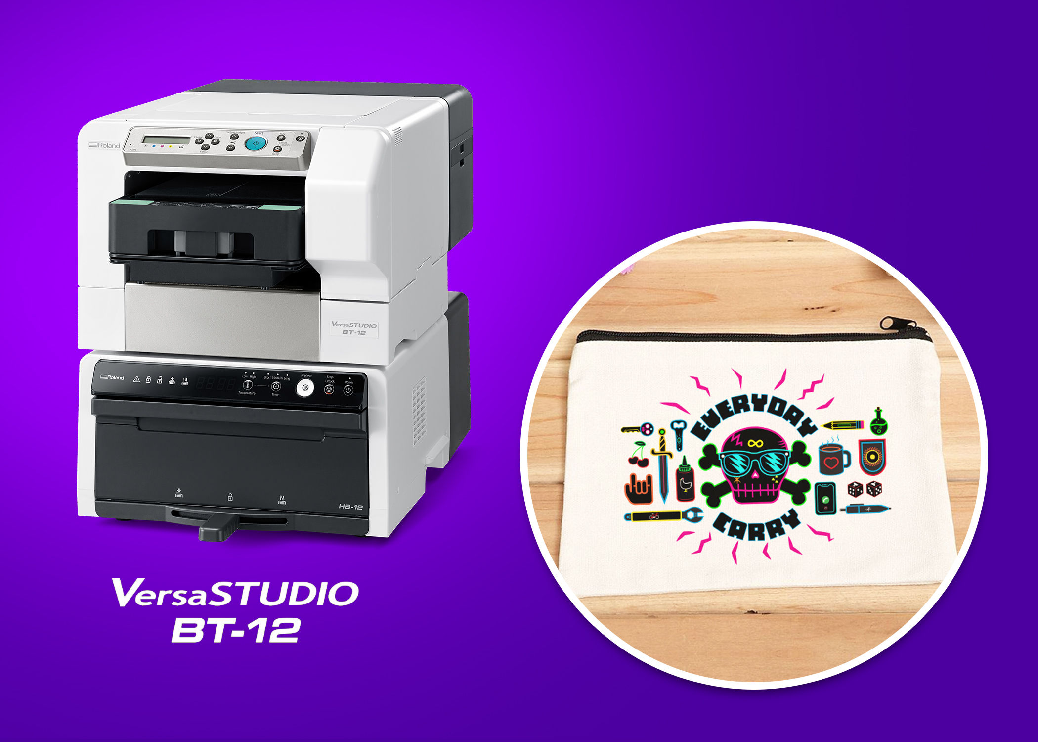 Sorteo de estuches con cierre personalizados con la impresora directo-a-prenda VersaSTUDIO® BT-12 de Roland DGA en la Adobe® MAX 2020