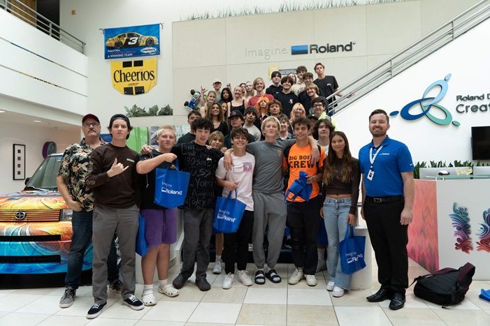 Image of Laguna Beach High School Visual Arts students visiting Roland DGA headquarters in Irvine, California.