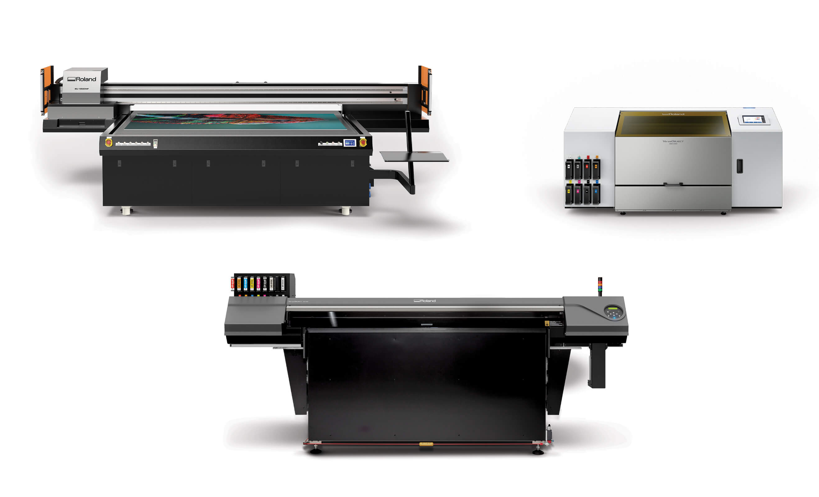 Image of new Roland DG flatbed UV printers that will be on display at ISA International Sign Expo 2024 in Orlando, Florida.