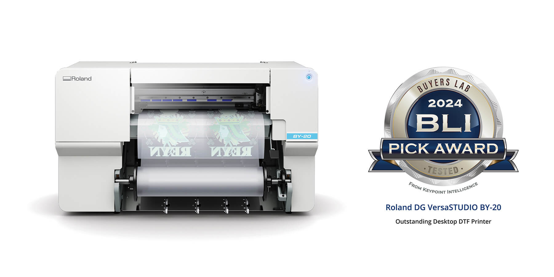 Image of Roland DG's new VersaSTUDIO BY-20 direct-to-film printer with BLI 2024 Pick Award logo