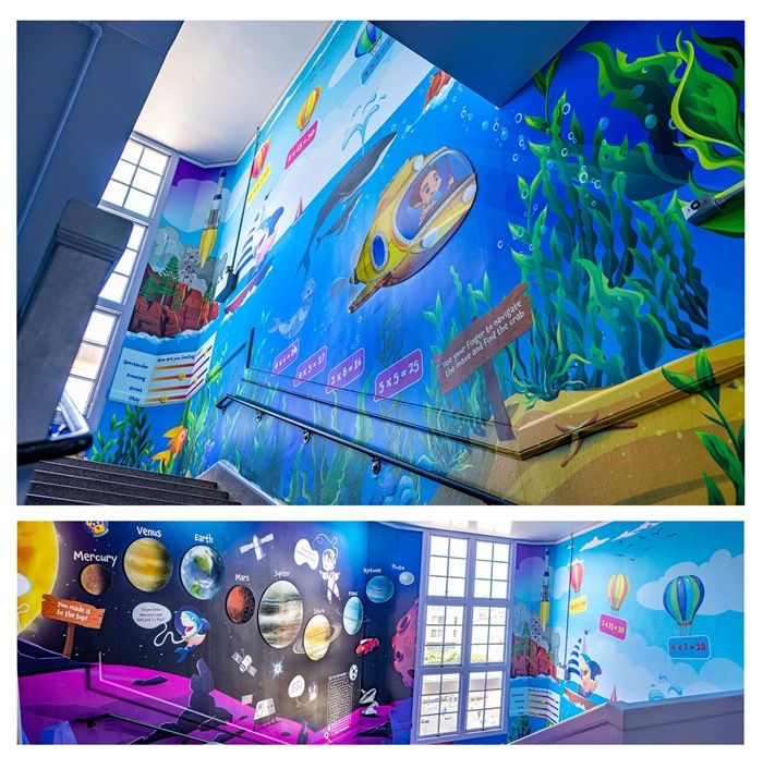 Imágenes de “Stairwell of Imagination” (“Escalera a la Imaginación”) en la Escuela Primaria Sherman de San Francisco, California, Estados Unidos, con gráficos producidos con las impresoras Roland DG.