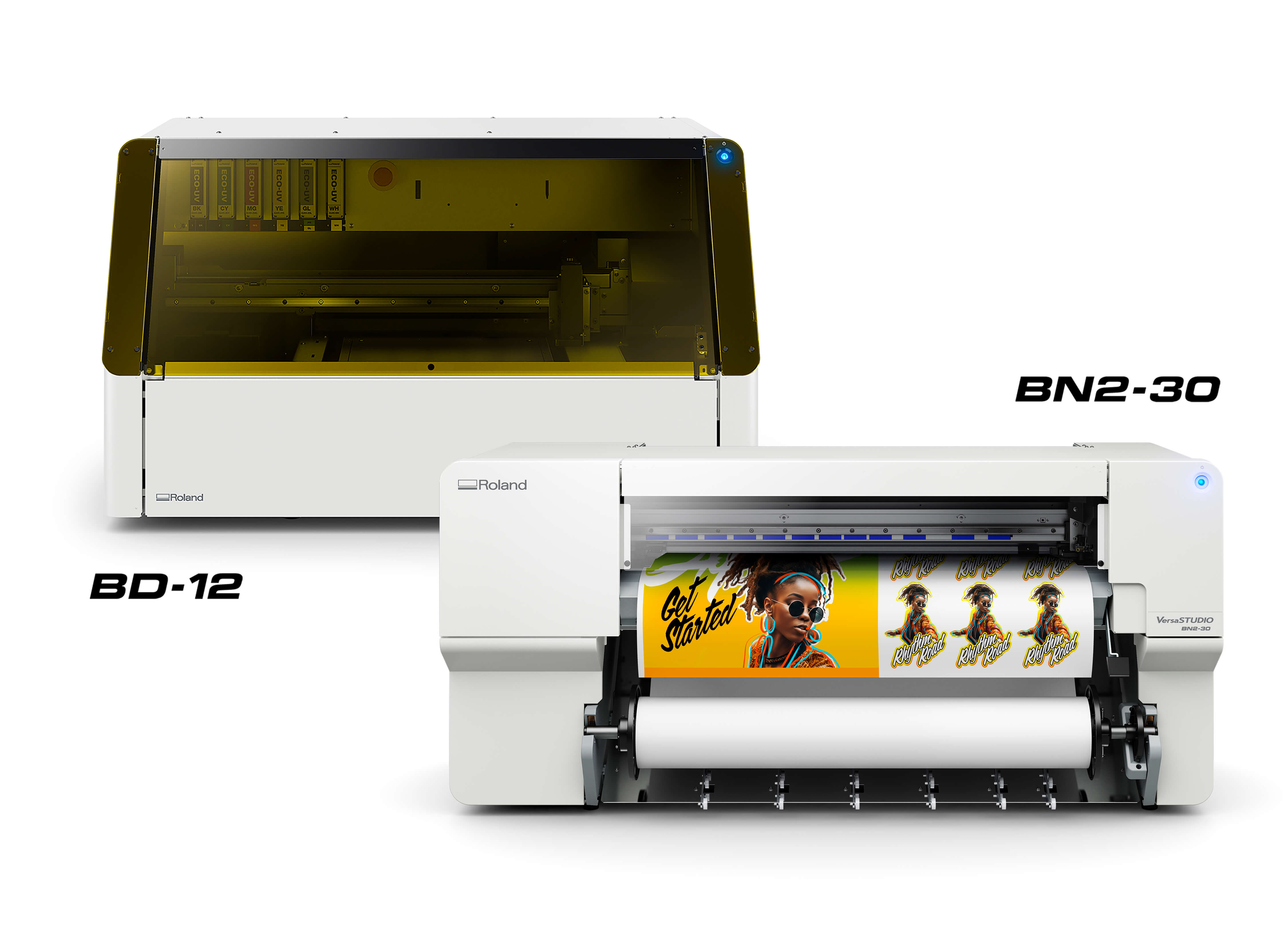 Image of the new Roland DG VersaSTUDIO BN2-30 desktop printer/cutter and BD-12 desktop UV flatbed printer.