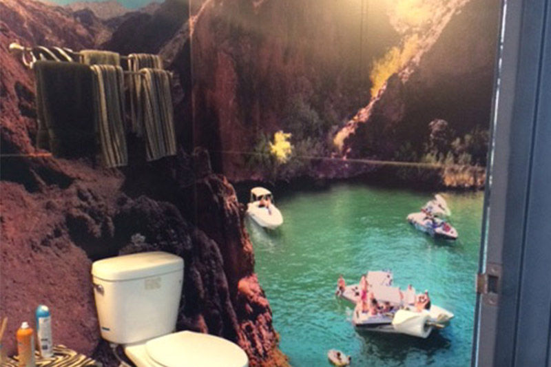 Huntington Beach California's Monster Image panoramic bathroom wrap printed on a Roland Pro 4 XR-640