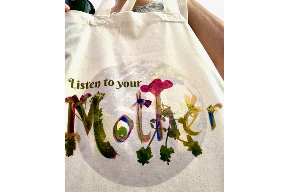 A colorful design on a tote bag, printed on a Roland DG BT-12 direct-to-garment printer.