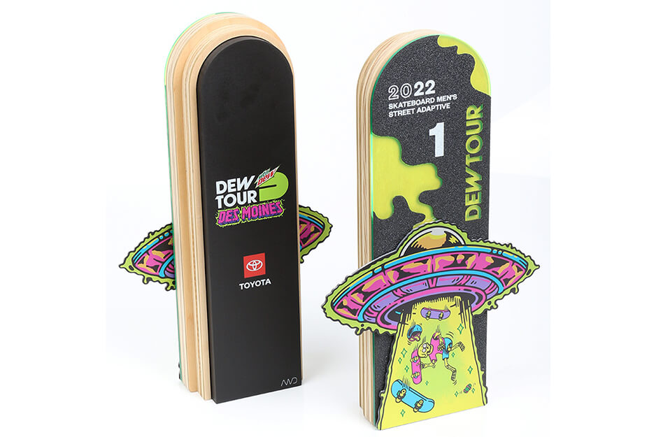 Multi-layer printed corporate awards with rounded tops and UFO graphics for Dew Tour