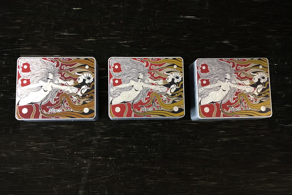 Lower West Side Studio used a Roland DG LEF UV printer to add colorful designs to three guitar effects pedals.