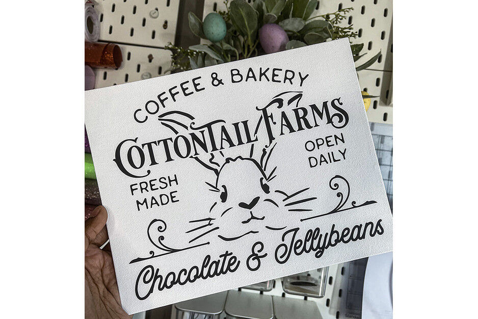 Small sign printed using a Roland DG BN-20 printer/cutter that says "Cottontail Farms Coffee and Bakery"