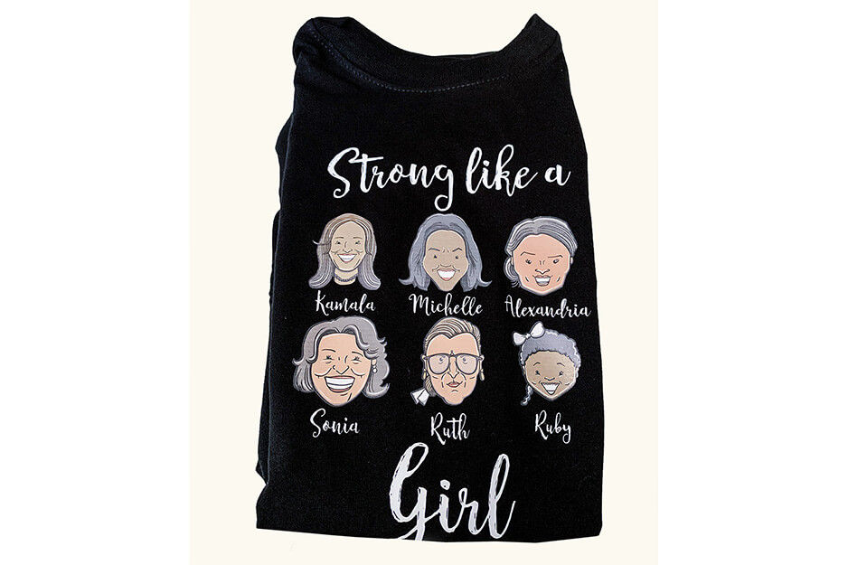 Sleeveless black shirt with "Strong like a girl" and graphics of strong women from history