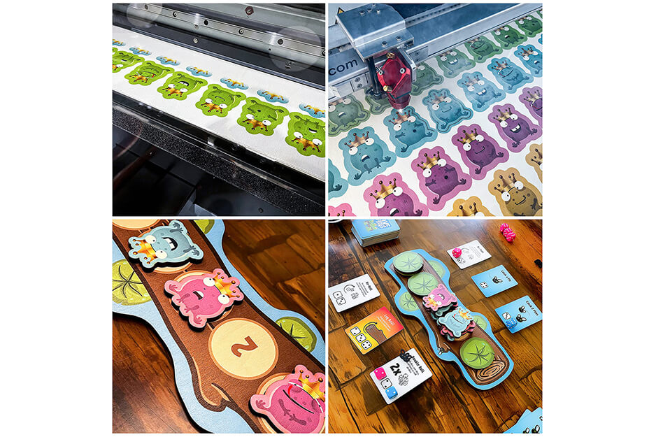 Composite of four views of game with colorful game pieces
