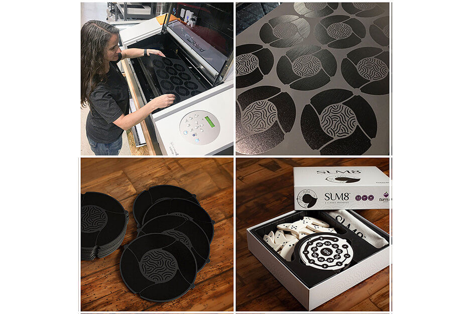 Composite of four images showing production of game pieces including woman using the Roland DG LEF2-300 flatbed benchtop printer