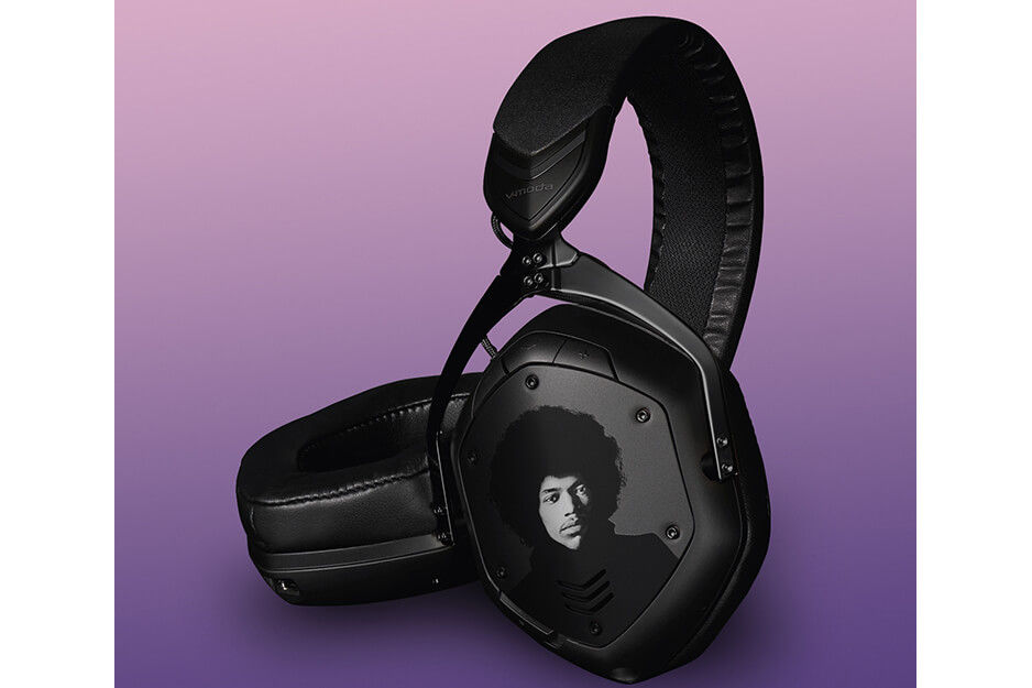 VMODA headphones with black and white Jimi Hendrix graphics