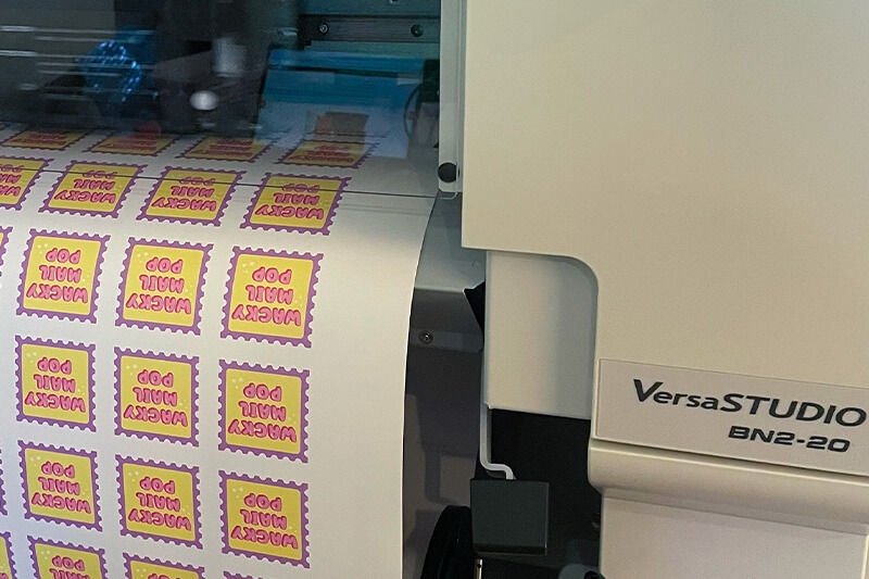 Wacky Mail Pop stickers being printed on a Roland DG BN2-20 digital printer/cutter.