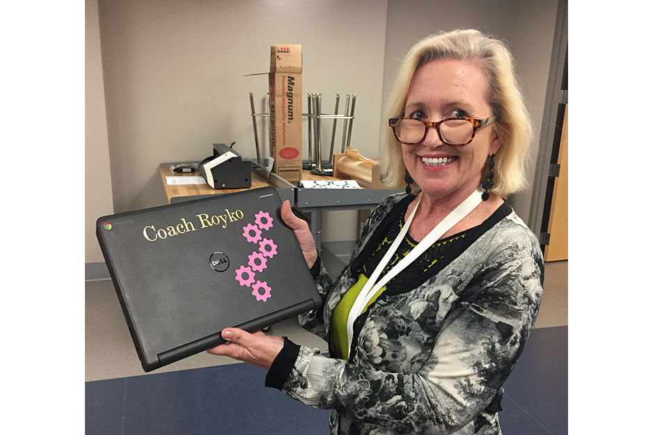 Rachel Legerski shows off a project completed at the School of Innovation's Fab Lab