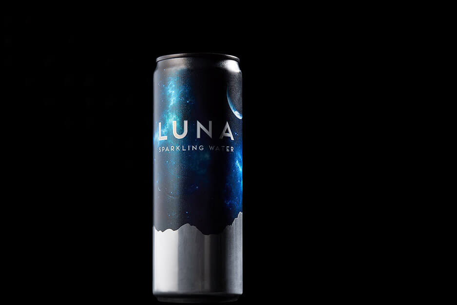 Silver can with Luna printed on a black, blue and silver label.
