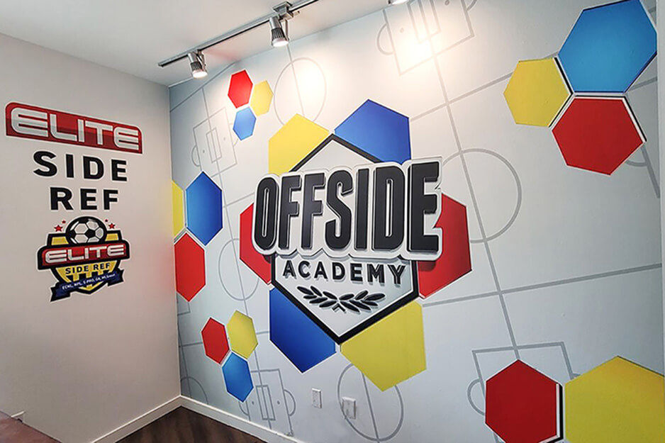 413 Signs and Graphics created these colorful wall wraps for Offside Academy with help from its Roland DG TrueVIS VG2 wide-format printer/cutter.