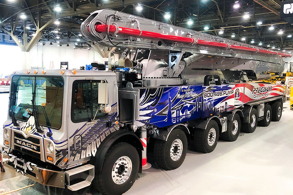Fourteen-wheel truck with patriotic graphics printed using a Roland DG wide-format printer/cutter.