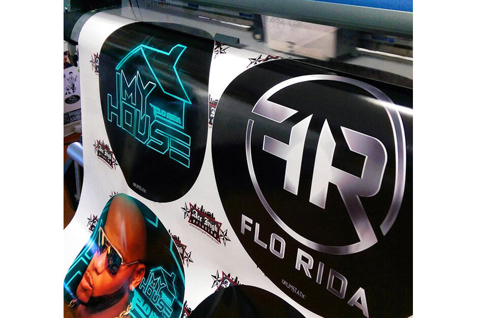 Ace High Printing produced these drum kit stickers for Flo Rida on its Roland DG TrueVIS VG2-540 digital printer/cutter.