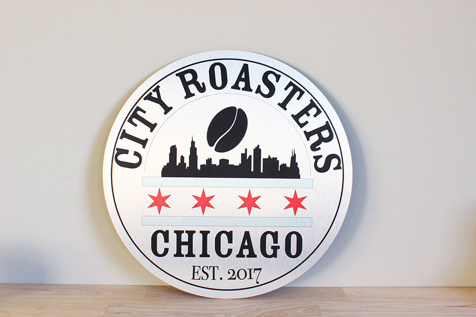 Advanced Sign created this circular sign for City Roasters Chicago on its Roland DG printing equipment.
