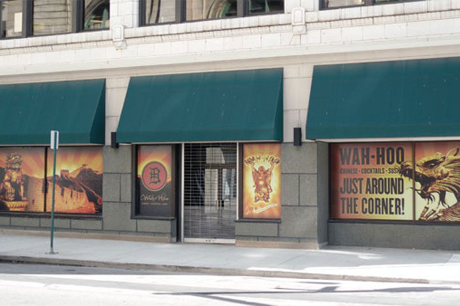 City Graphics VersaCAMM VS exterior window murals for Wah-Hoo restaurant