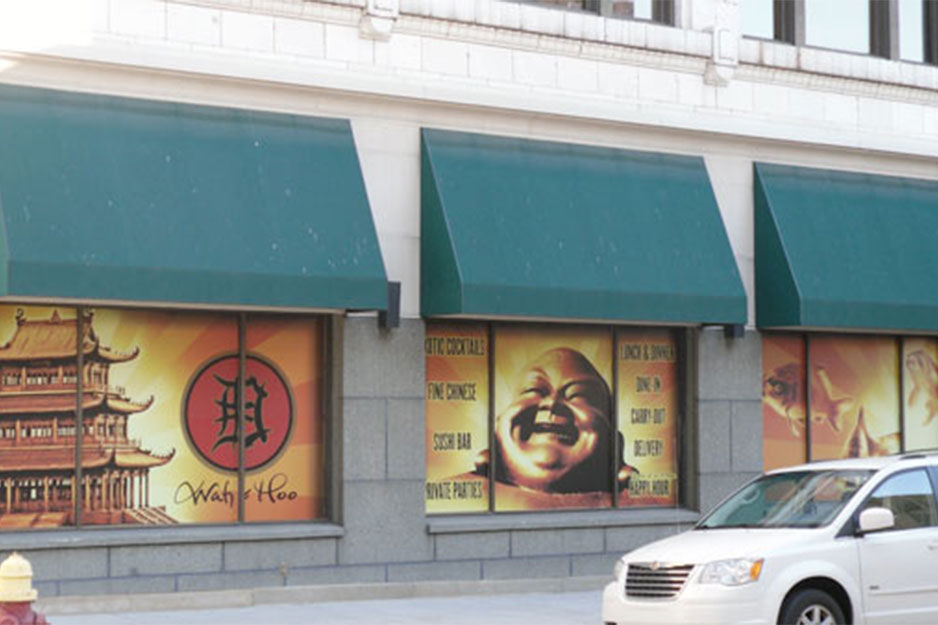 City Graphics VersaCAMM VS exterior window murals for Wah-Hoo restaurant
