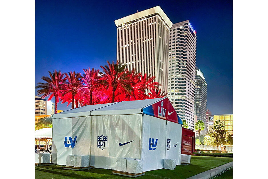 Decal Doodle produced custom tent graphics for the NFL Super Bowl on its Roland DG TrueVIS VG2-540 digital printer/cutter