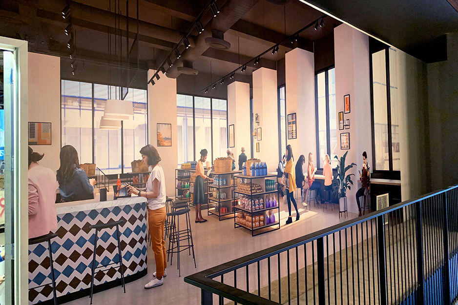 Full Point Graphics created a wall wrap that depicts a market scene, printed on its Roland DG TrueVIS VG2 digital printer/cutter.