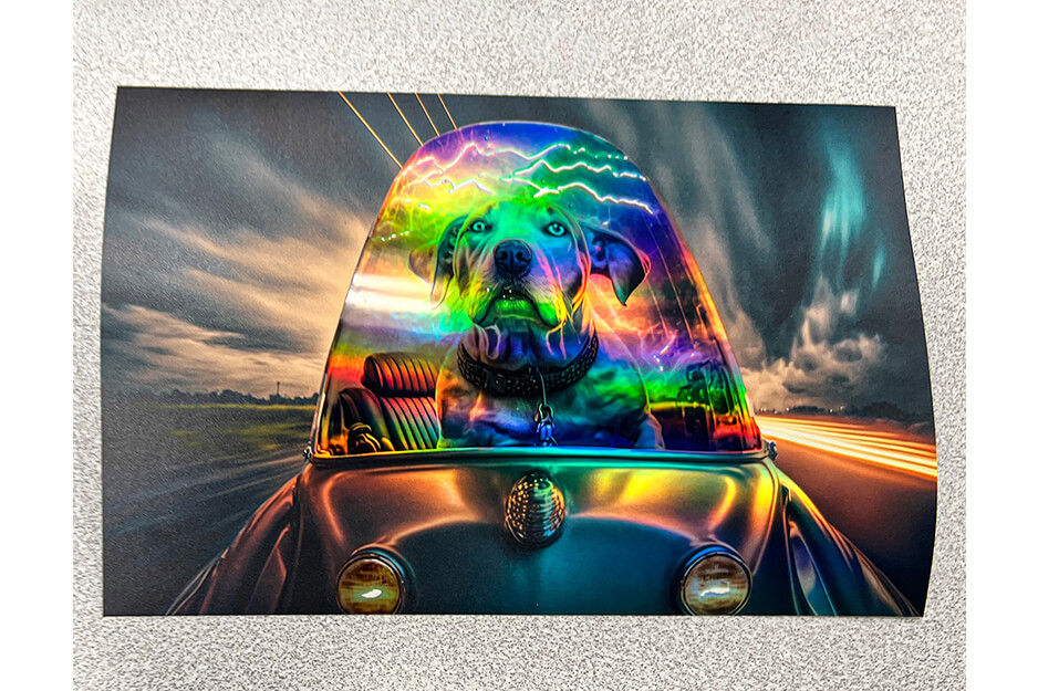 Holographic image of a dog in a car