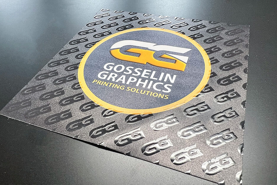 Square UV print of the Gosselin Graphics logo with textural dimensions
