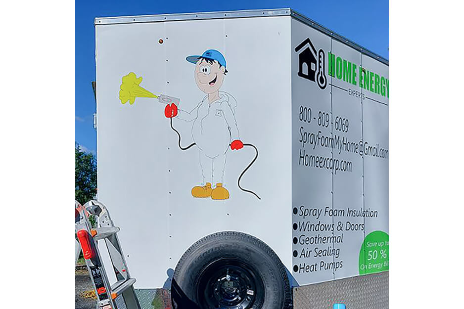 Trailer with colorful home energy graphics