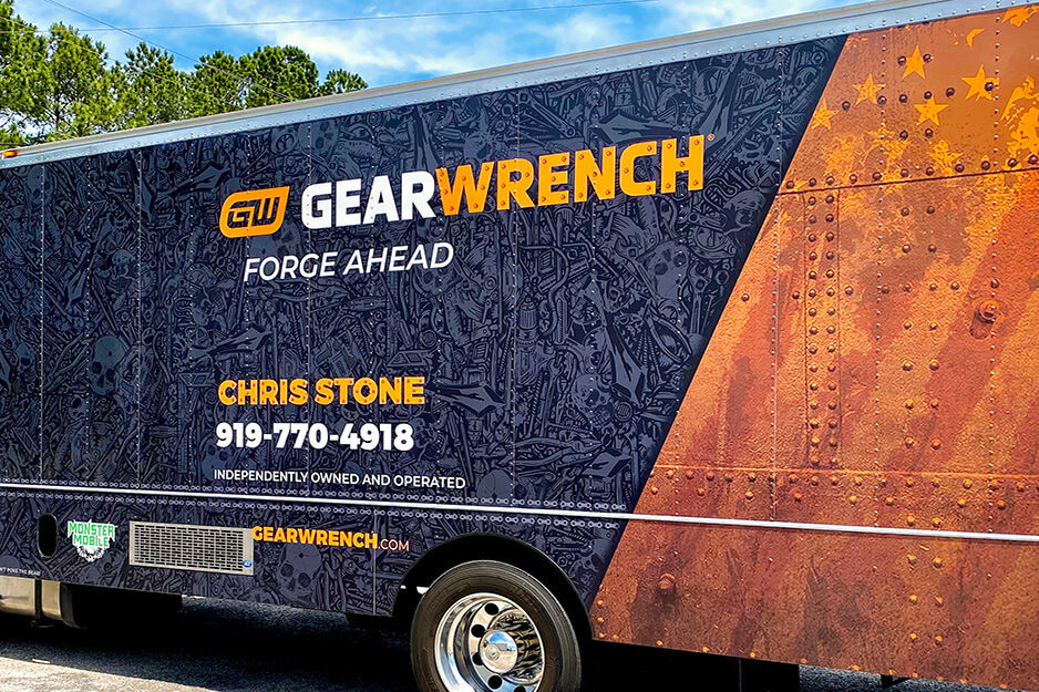 Gear Wrench company trailer graphics printed on a Roland DG TrueVIS VG2 digital printer/cutter.