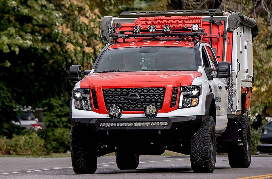 All terrain rescue vehicle with red and white graphics