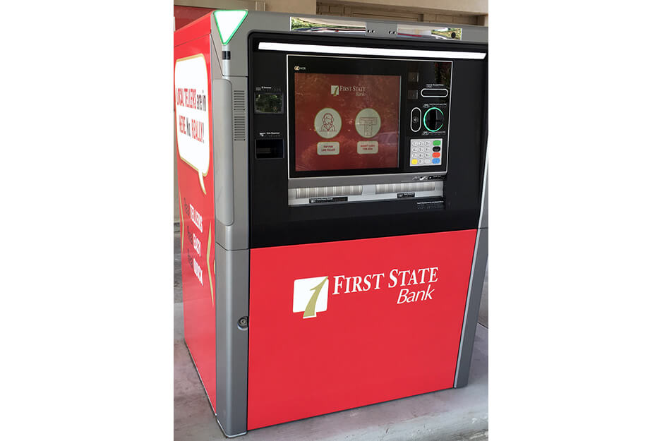 Sign Hub prints and cuts graphics for ATMs, like this one for First Bank, on its Roland DG TrueVIS VG2-640 wide-format printer/cutter.