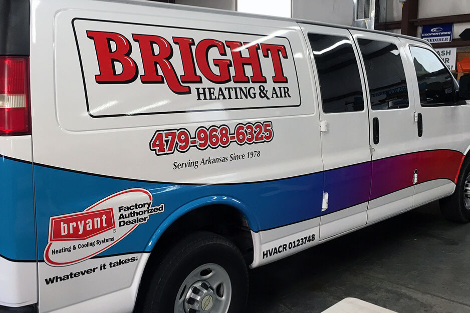 Colorful van wraps like this one for Bright Heating and Air are a specialty at Sign Hub, produced on their Roland DG TrueVIS VG2-640 wide-format printer/cutter.