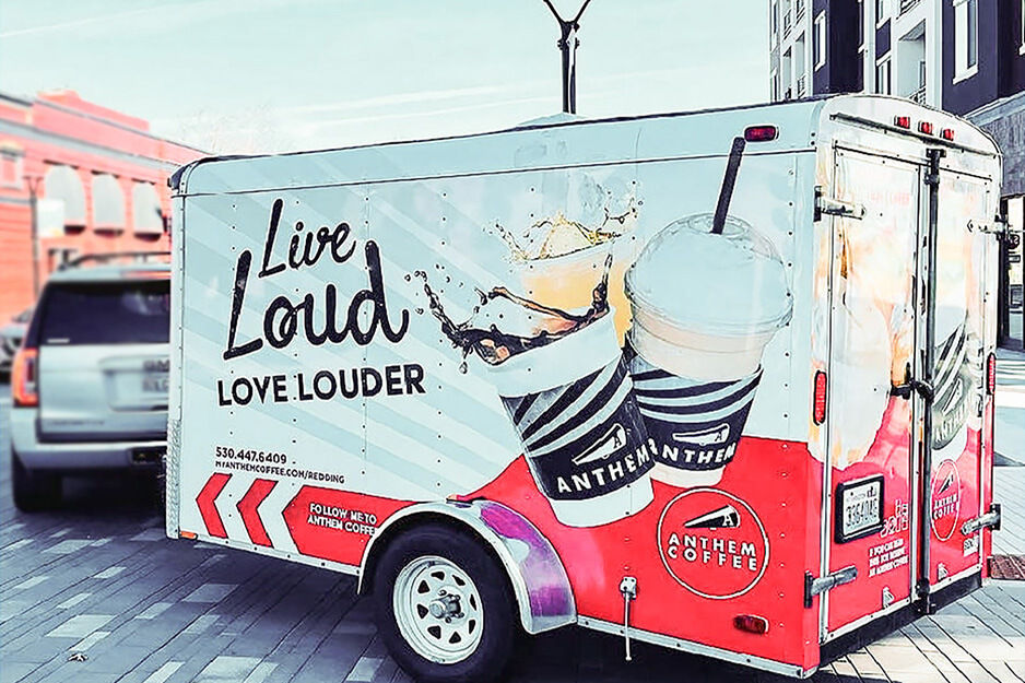 Anthem Coffee Trailer with "Live Loud Love Louder" graphics