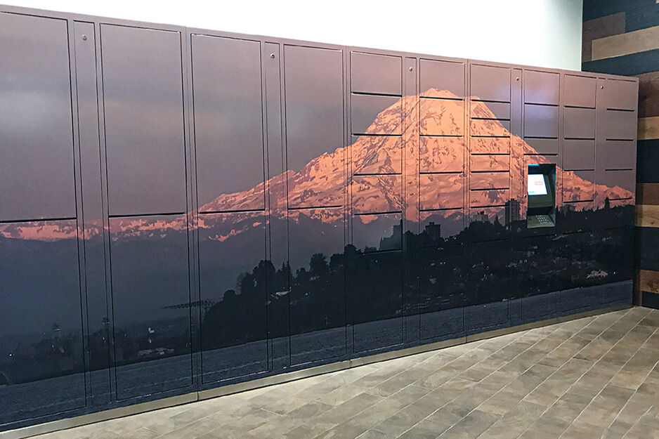 Mountain graphics on a wrapped wall of lockers