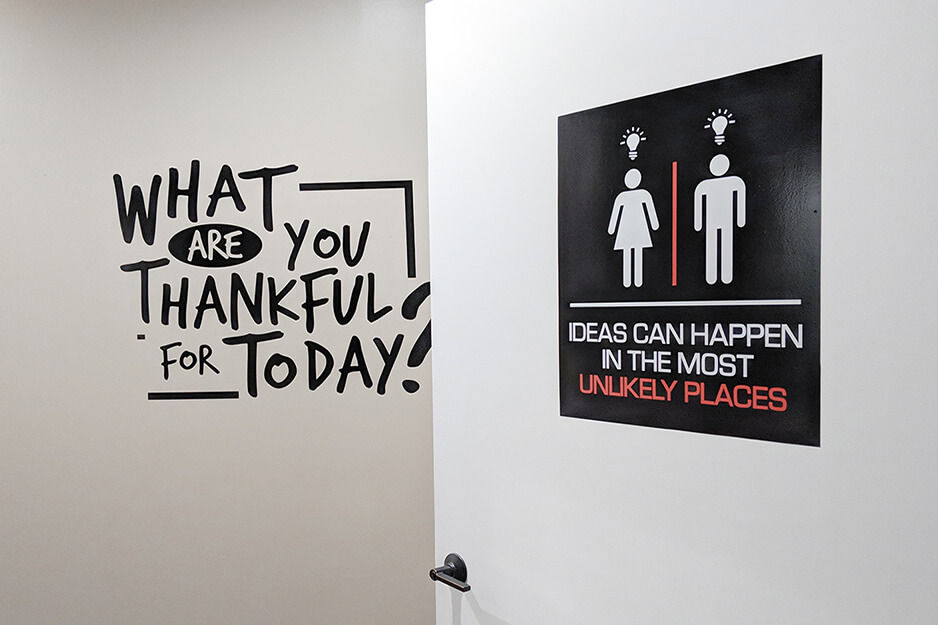 Graphics for restroom printed on Roland DG TrueVIS VG2 printer/cutter