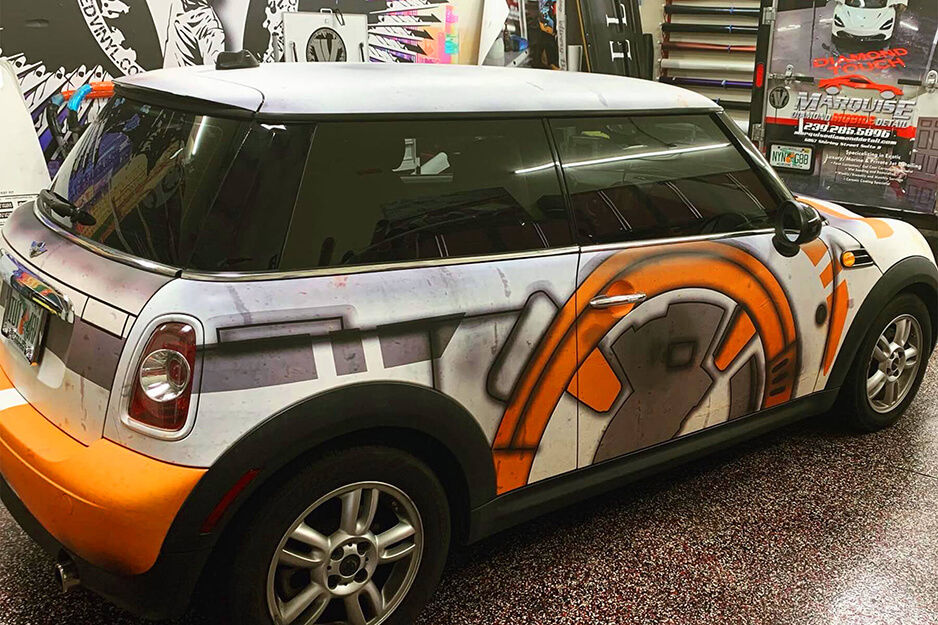 Inked Vinyl specializes in innovative vehicle wraps like this one on a Mini Cooper, produced on their Roland DG VG2-640 wide-format printer-cutter.