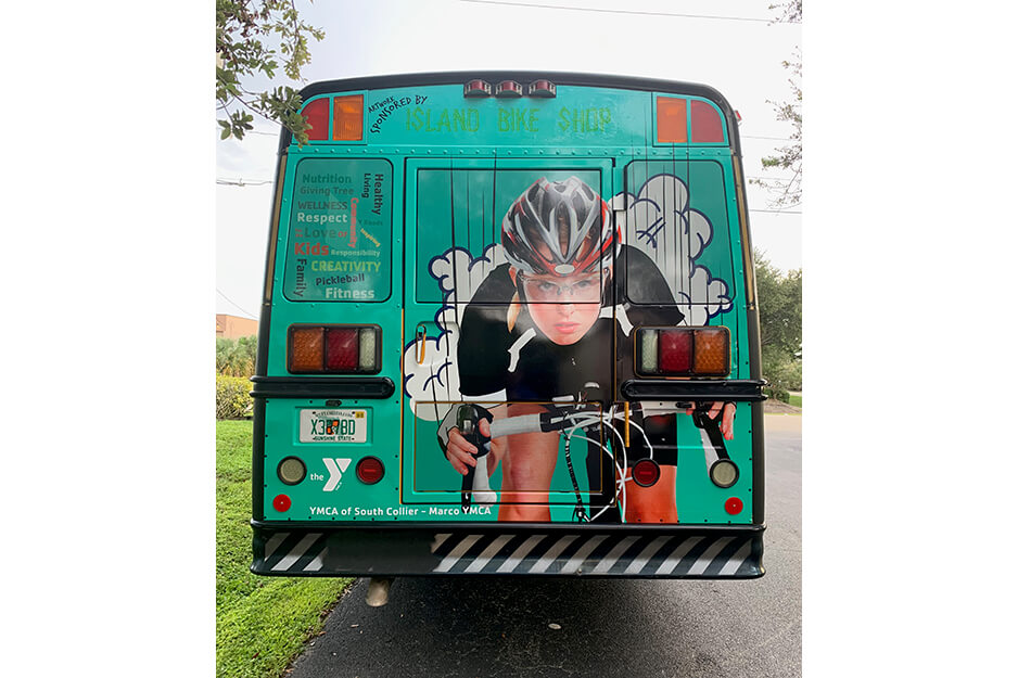 Inked Vinyl used its Roland DG TrueVIS VG2-640 wide-format printer-cutter to produce this bus wrap with an image of a cyclist.