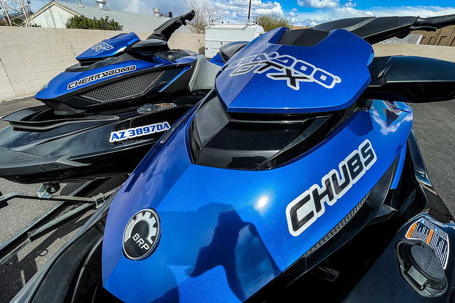 The graphics on these two blue SeaDoos were produced by Team Acme on their Roland DG TrueVIS VF2 wide-format printer.