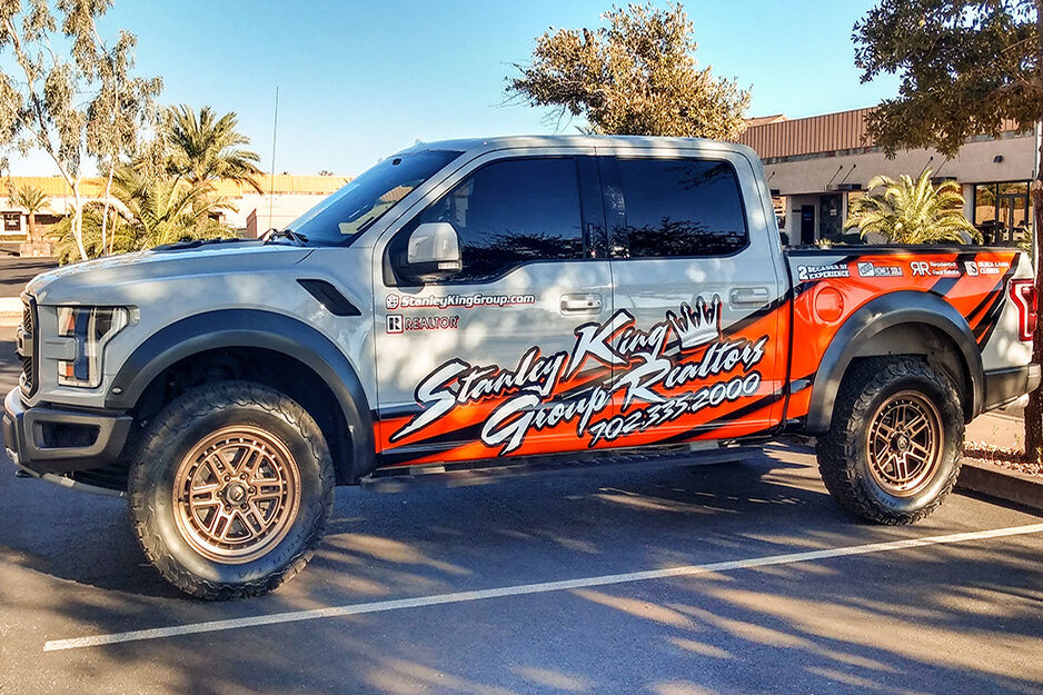 This colorful pick up truck wrap for Stanley King was produced by Team Acme on its Roland DG TrueVIS VF2 printer.