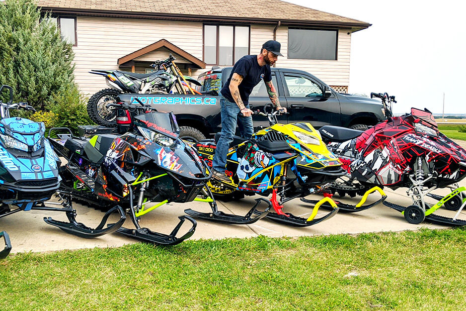 Chris Thiessen at Wide Open Throttle Graphics uses his Roland DG TrueVIS VG2-540 wide-format digital printer/cutter to produce stunning snowmobile wraps like these.