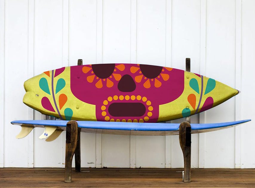 Print Cut wrap of surfboard calavera skull
